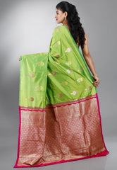 Parrot Green Kanjivaram Silk Saree With Blouse Piece