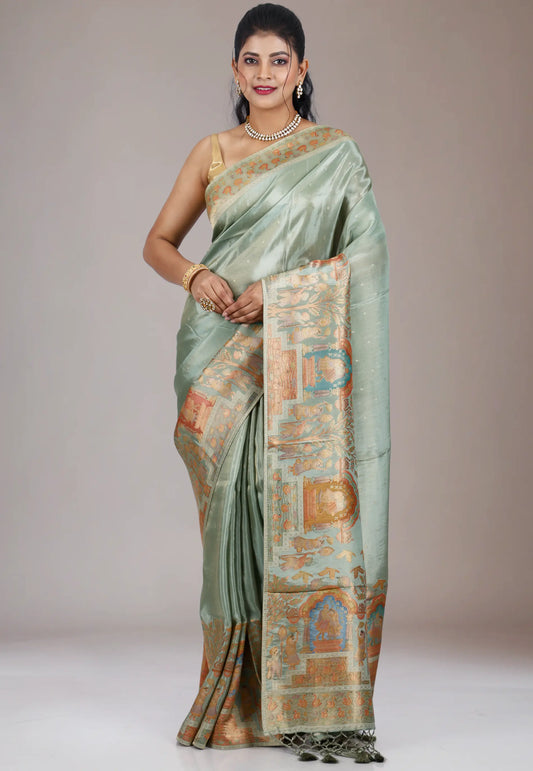 Light Mint Kani Silk Saree With Blouse Piece