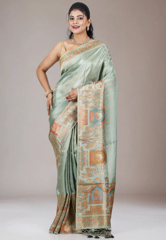 Light Mint Kani Silk Saree With Blouse Piece