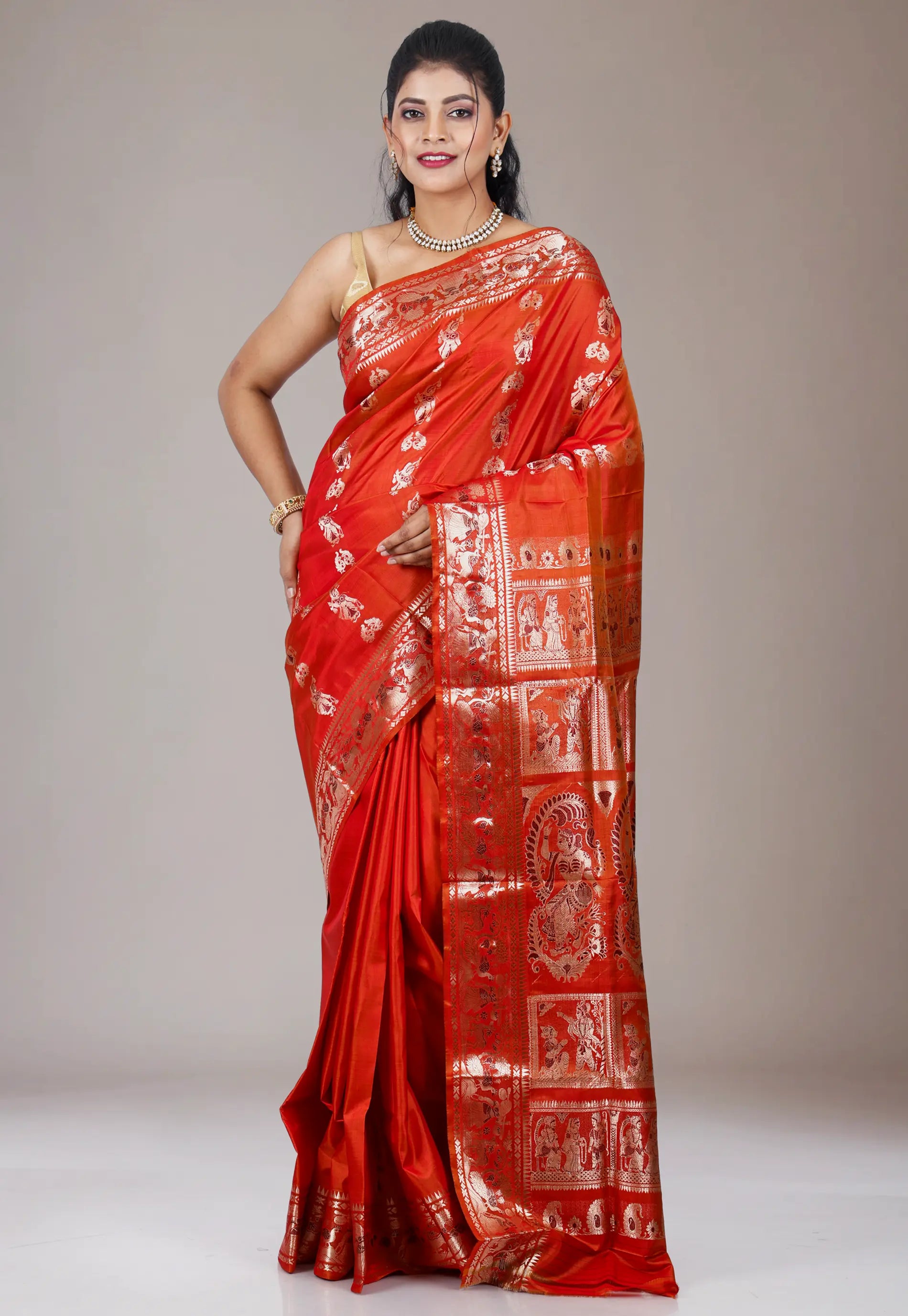 Orange Baluchari Pure Silk Saree with Blouse Piece