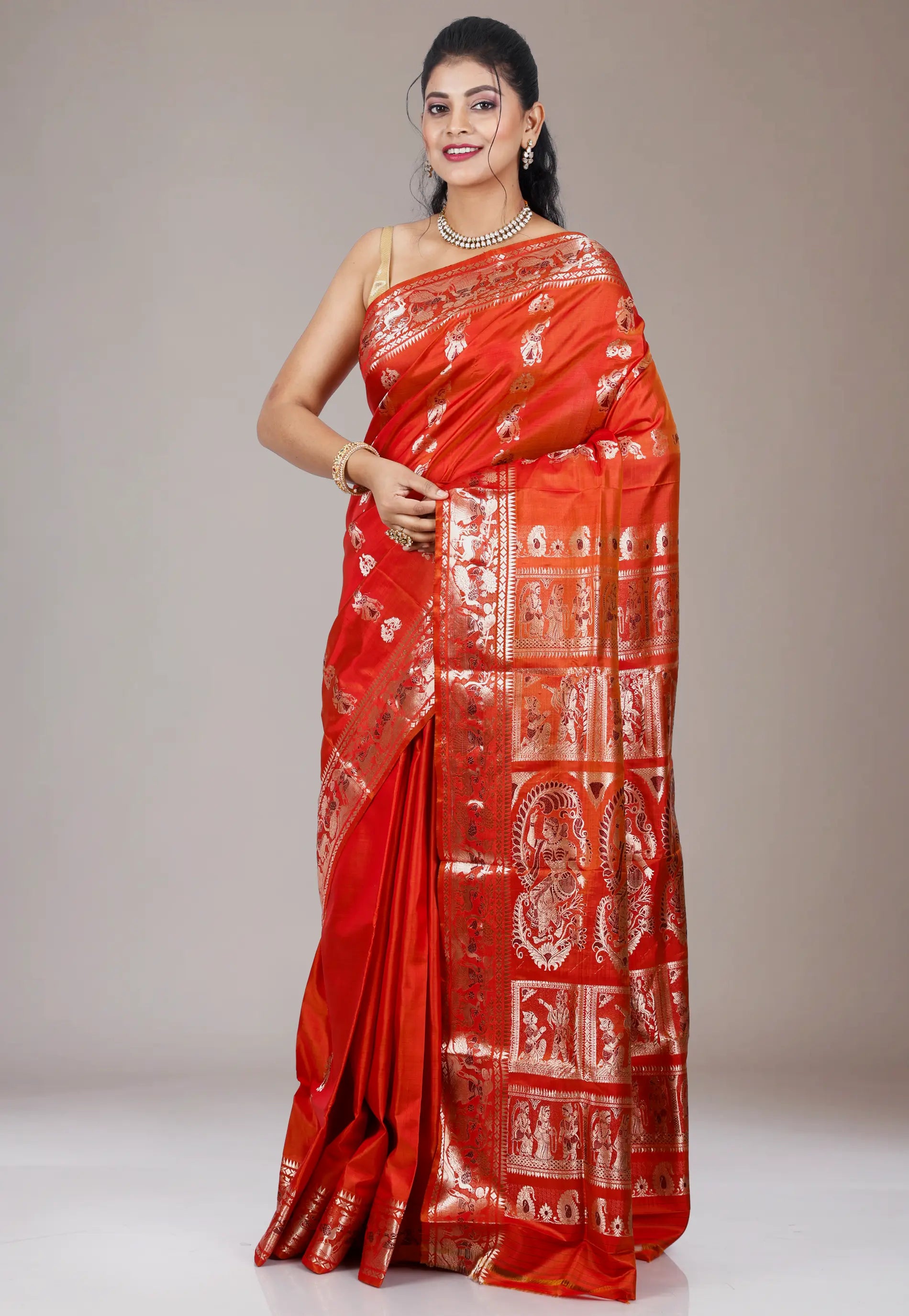 Orange Baluchari Pure Silk Saree with Blouse Piece