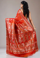 Orange Baluchari Pure Silk Saree with Blouse Piece