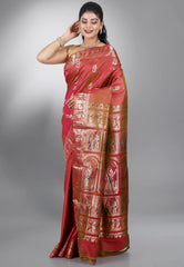 Dual Shades of Red Baluchari Pure Silk Saree with Blouse Piece