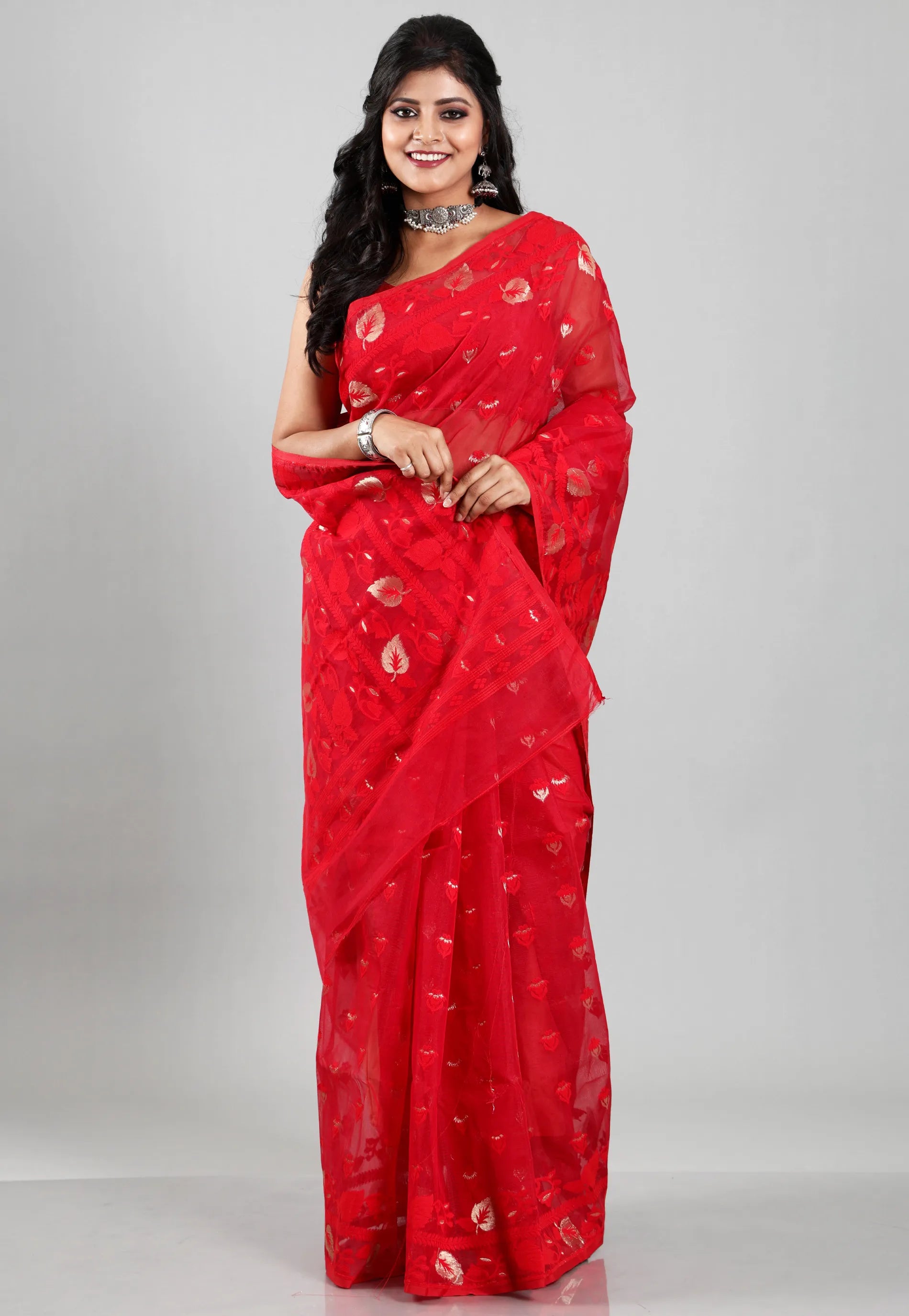 Red Dhakai Jamdani Cotton Saree without Blouse Piece