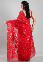 Red Dhakai Jamdani Cotton Saree without Blouse Piece