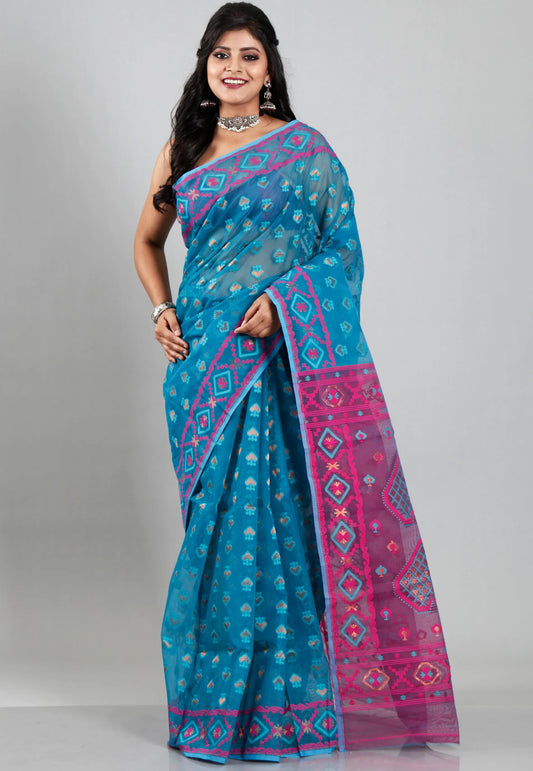 Rama Green Dhakai Jamdani Cotton Saree without Blouse Piece