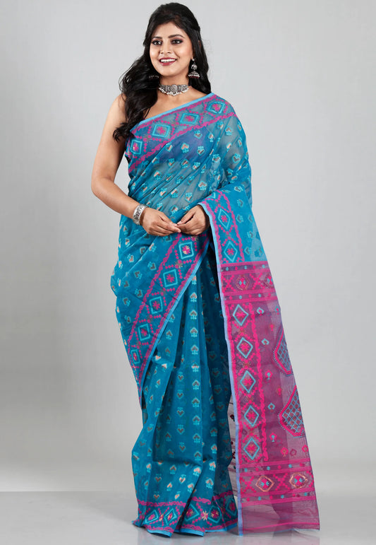Rama Green Dhakai Jamdani Cotton Saree without Blouse Piece