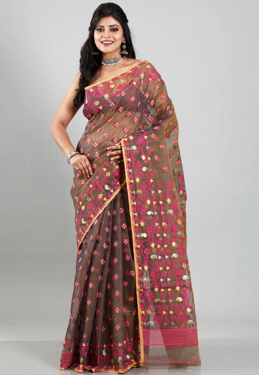 Cross Coffee Dhakai Jamdani Cotton Saree without Blouse Piece