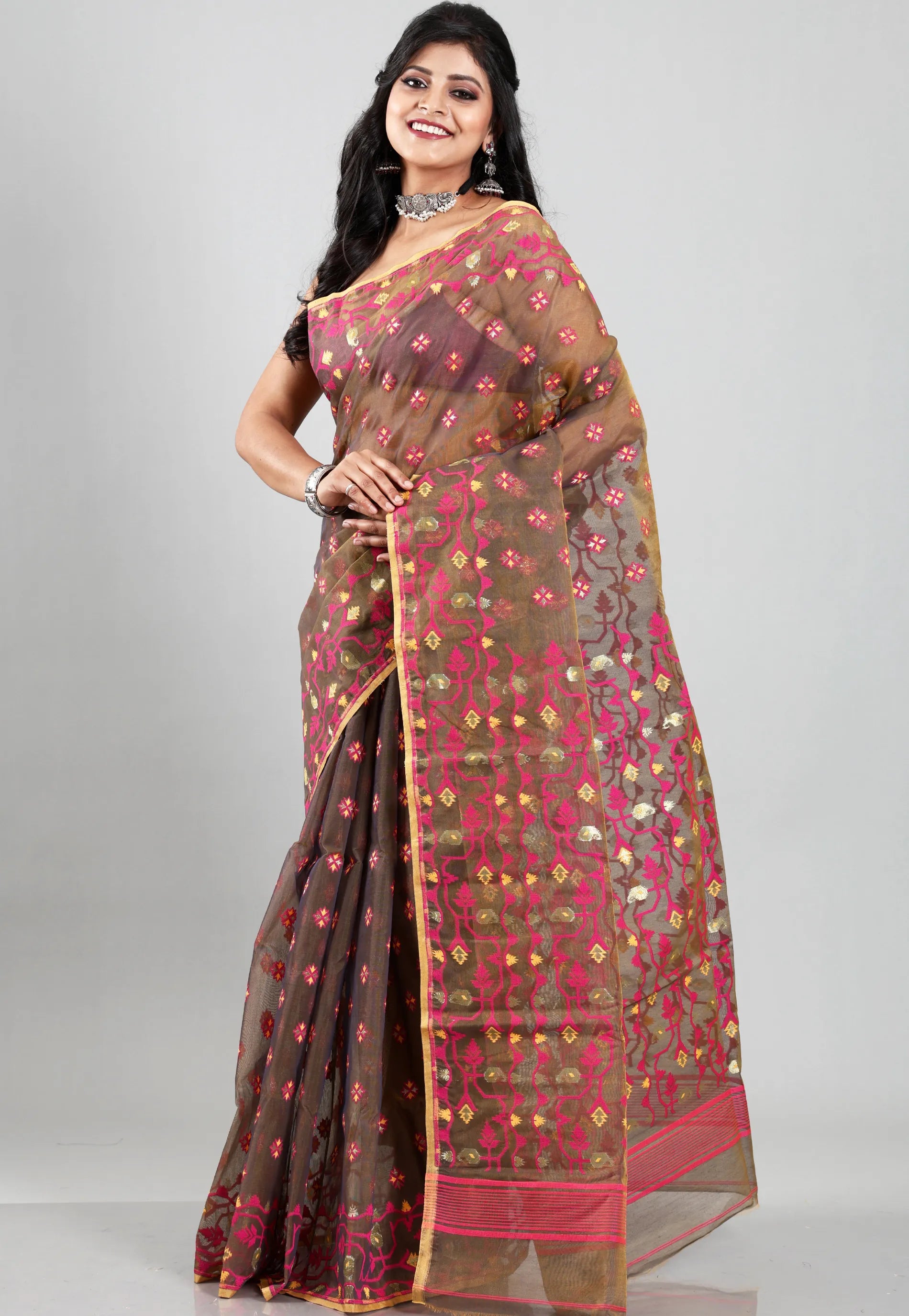Cross Coffee Dhakai Jamdani Cotton Saree without Blouse Piece