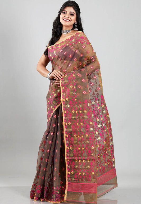 Cross Coffee Dhakai Jamdani Cotton Saree without Blouse Piece