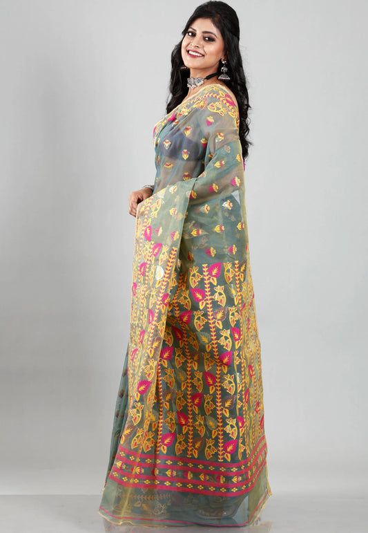 Peacock Blue Dhakai Jamdani Cotton Saree without Blouse Piece