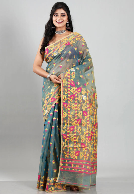 Peacock Blue Dhakai Jamdani Cotton Saree without Blouse Piece