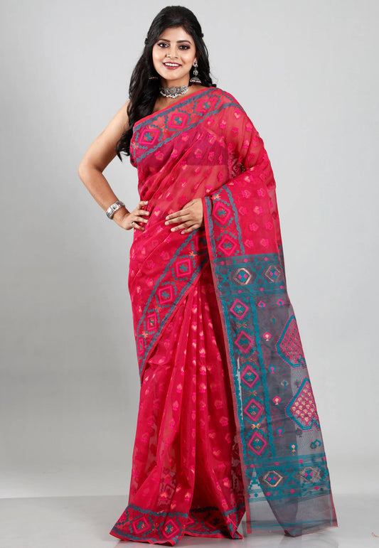 Rani Dhakai Jamdani Cotton Saree without Blouse Piece