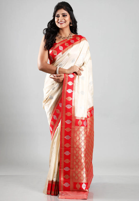 Offwhite with Red Border Kanjivaram Silk Saree With Blouse Piece
