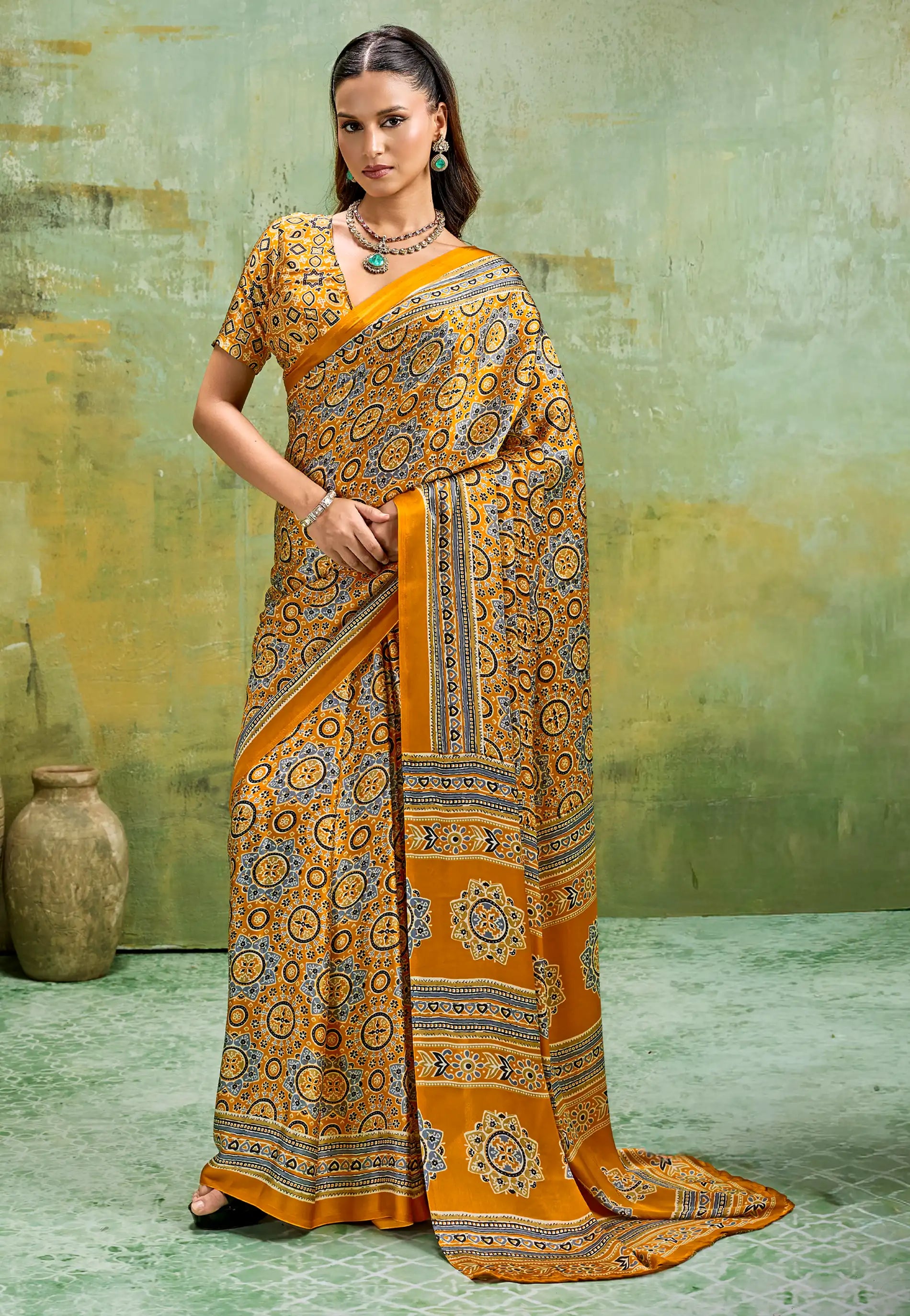 Mustard Yellow Ajrakh Print Modal Silk Saree With Blouse Piece - Adi Akshoy & Co.
