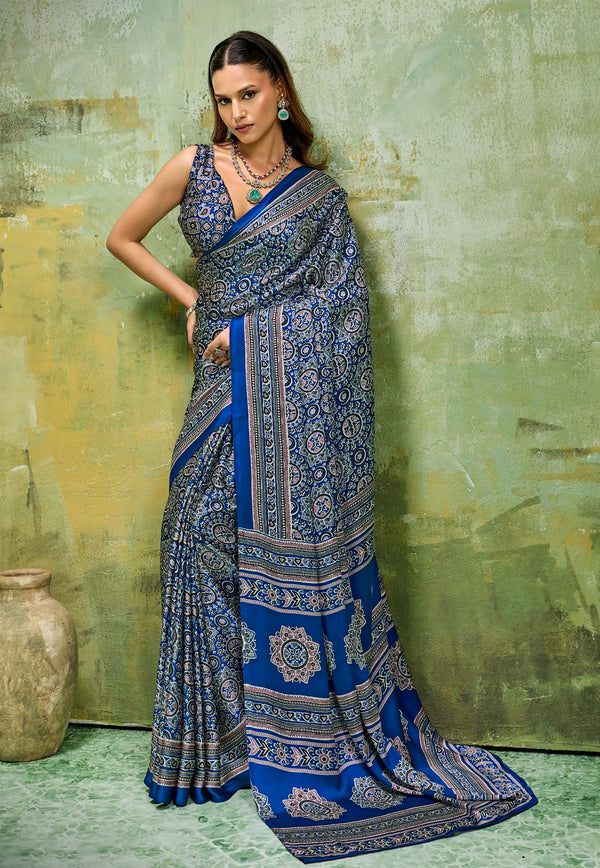 Blue Ajrakh Print Modal Silk Saree With Blouse Piece - Adi Akshoy & Co.