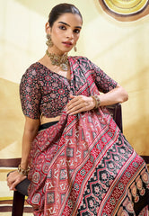 Red Ajrakh Print Modal Silk Saree With Blouse Piece - Adi Akshoy & Co.