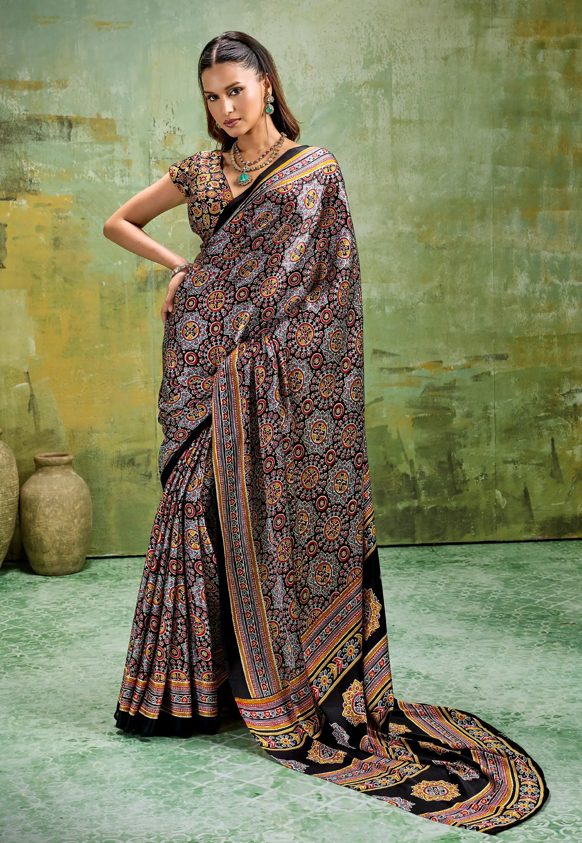 Black Ajrakh Print Modal Silk Saree With Blouse Piece - Adi Akshoy & Co.
