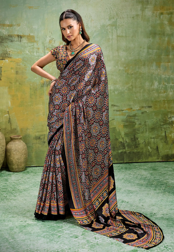 Black Ajrakh Print Modal Silk Saree With Blouse Piece - Adi Akshoy & Co.