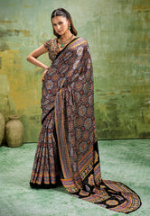 Black Ajrakh Print Modal Silk Saree With Blouse Piece - Adi Akshoy & Co.