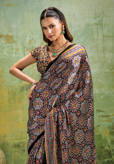 Black Ajrakh Print Modal Silk Saree With Blouse Piece - Adi Akshoy & Co.