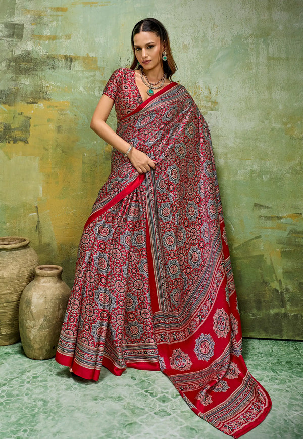 Red Ajrakh Print Modal Silk Saree With Blouse Piece - Adi Akshoy & Co.