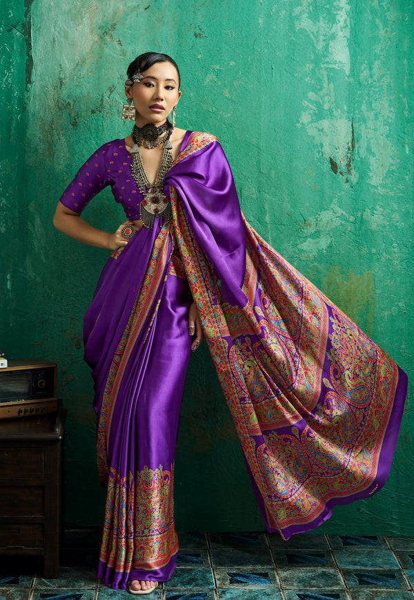 Purple Ajrakh Print Modal Silk Saree With Blouse Piece - Adi Akshoy & Co.