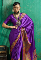 Purple Ajrakh Print Modal Silk Saree With Blouse Piece - Adi Akshoy & Co.