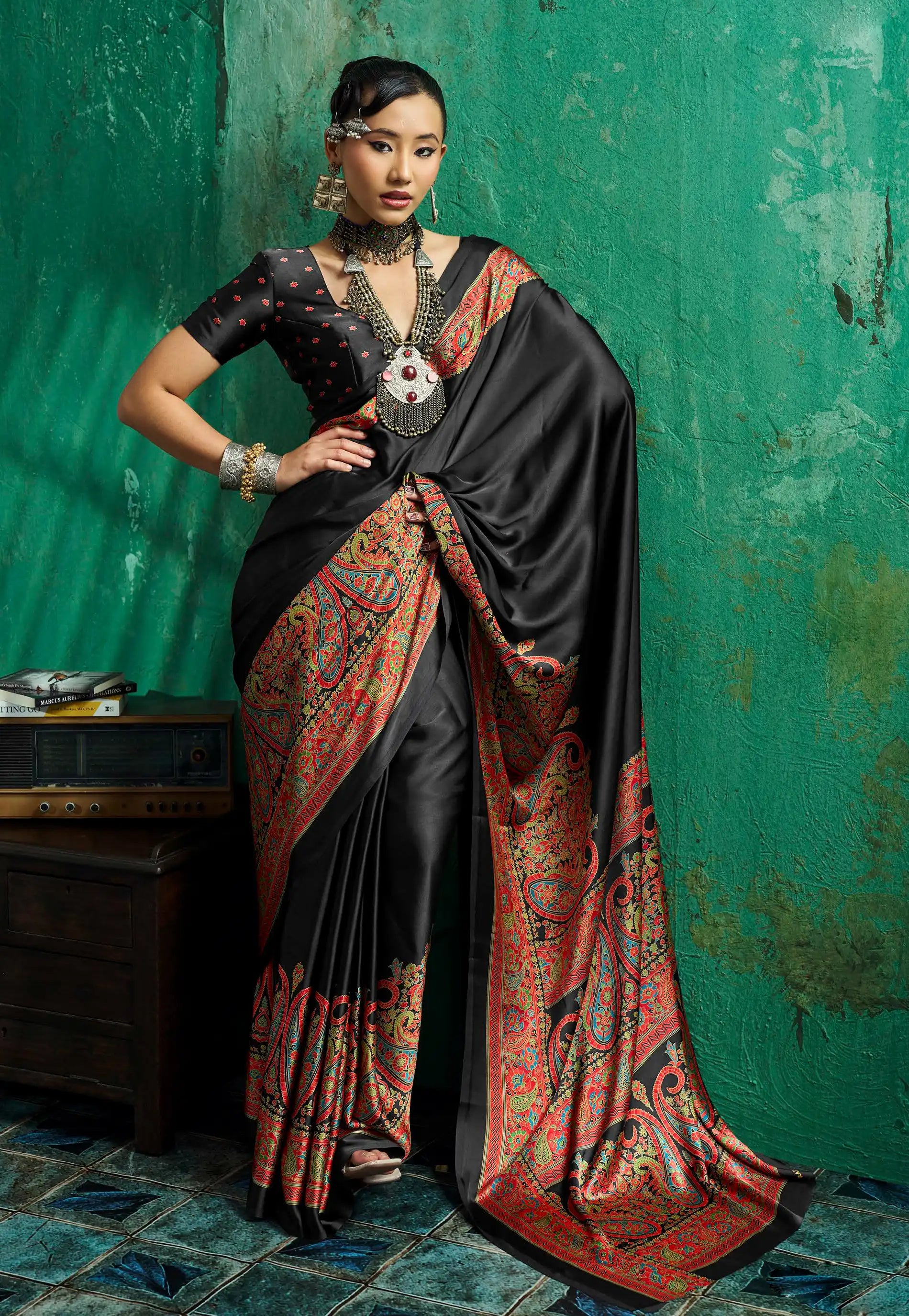 Black Ajrakh Print Modal Silk Saree With Blouse Piece - Adi Akshoy & Co.