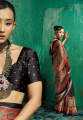 Black Ajrakh Print Modal Silk Saree With Blouse Piece - Adi Akshoy & Co.