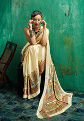 Cream Colour Ajrakh Print Modal Silk Saree With Blouse Piece - Adi Akshoy & Co.