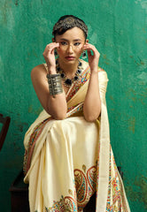 Cream Colour Ajrakh Print Modal Silk Saree With Blouse Piece - Adi Akshoy & Co.