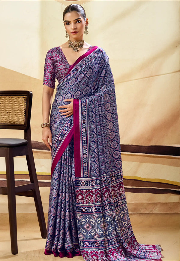 Blue Ajrakh Print Modal Silk Saree With Blouse Piece - Adi Akshoy & Co.