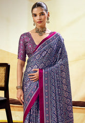 Blue Ajrakh Print Modal Silk Saree With Blouse Piece - Adi Akshoy & Co.