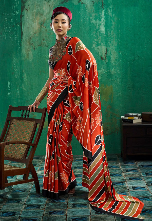 Rust Colour Ajrakh Print Modal Silk Saree With Blouse Piece - Adi Akshoy & Co.