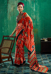Rust Colour Ajrakh Print Modal Silk Saree With Blouse Piece - Adi Akshoy & Co.