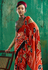 Rust Colour Ajrakh Print Modal Silk Saree With Blouse Piece - Adi Akshoy & Co.