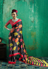 Black Ajrakh Print Modal Silk Saree With Blouse Piece - Adi Akshoy & Co.