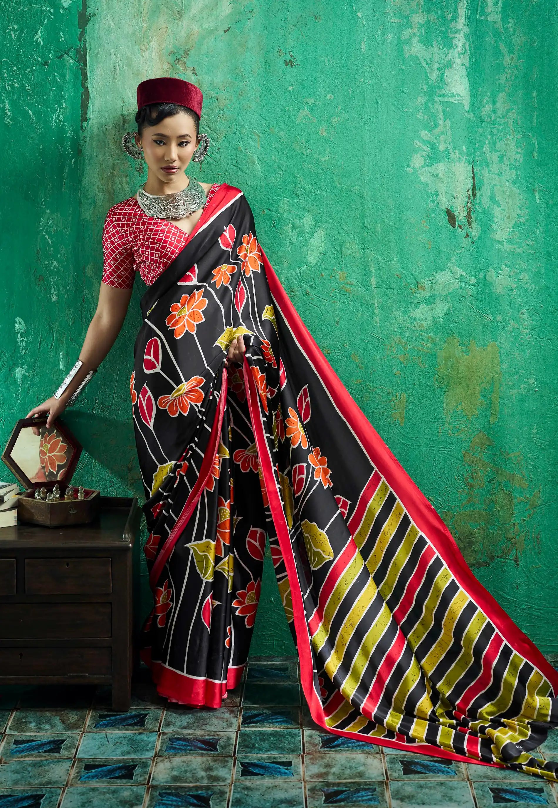 Black Ajrakh Print Modal Silk Saree With Blouse Piece - Adi Akshoy & Co.