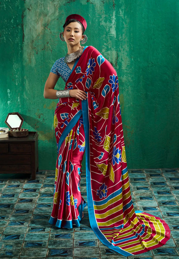 Reddish Marron Ajrakh Print Modal Silk Saree With Blouse Piece - Adi Akshoy & Co.