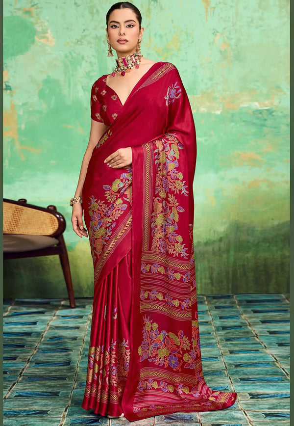 Reddish Maroon Ajrakh Print Modal Silk Saree With Blouse Piece - Adi Akshoy & Co.