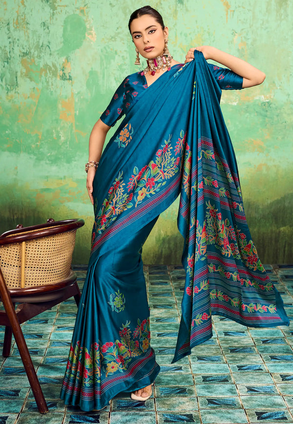 Blue Ajrakh Print Modal Silk Saree With Blouse Piece - Adi Akshoy & Co.