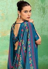 Blue Ajrakh Print Modal Silk Saree With Blouse Piece - Adi Akshoy & Co.
