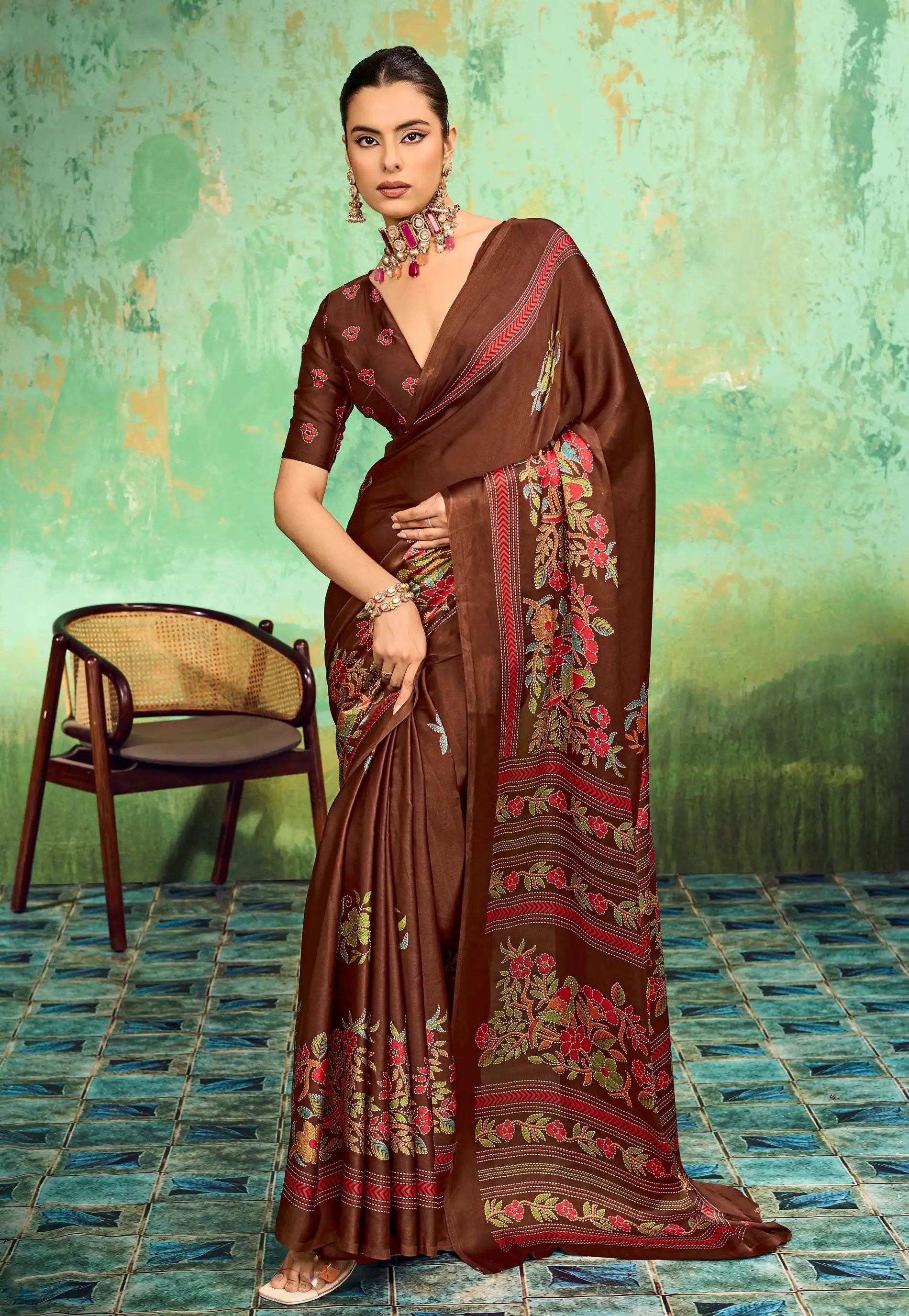 Brown Ajrakh Print Modal Silk Saree With Blouse Piece - Adi Akshoy & Co.