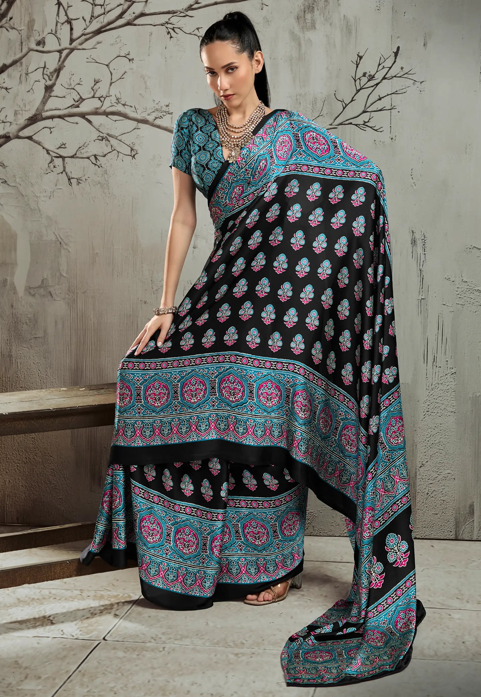 Black Ajrakh Print Modal Silk Saree With Blouse Piece - Adi Akshoy & Co.