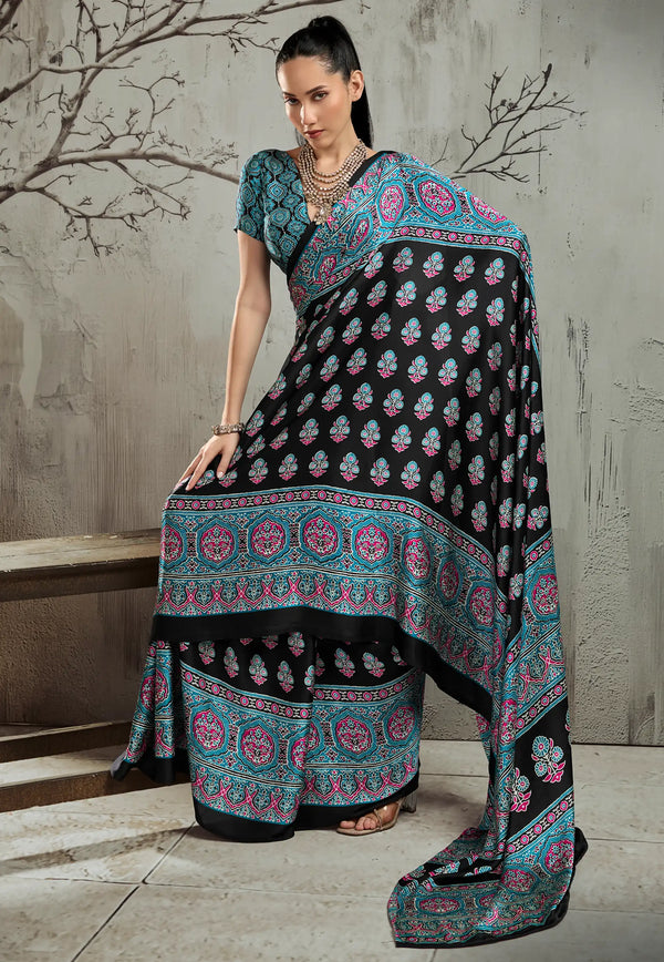 Black Ajrakh Print Modal Silk Saree With Blouse Piece - Adi Akshoy & Co.