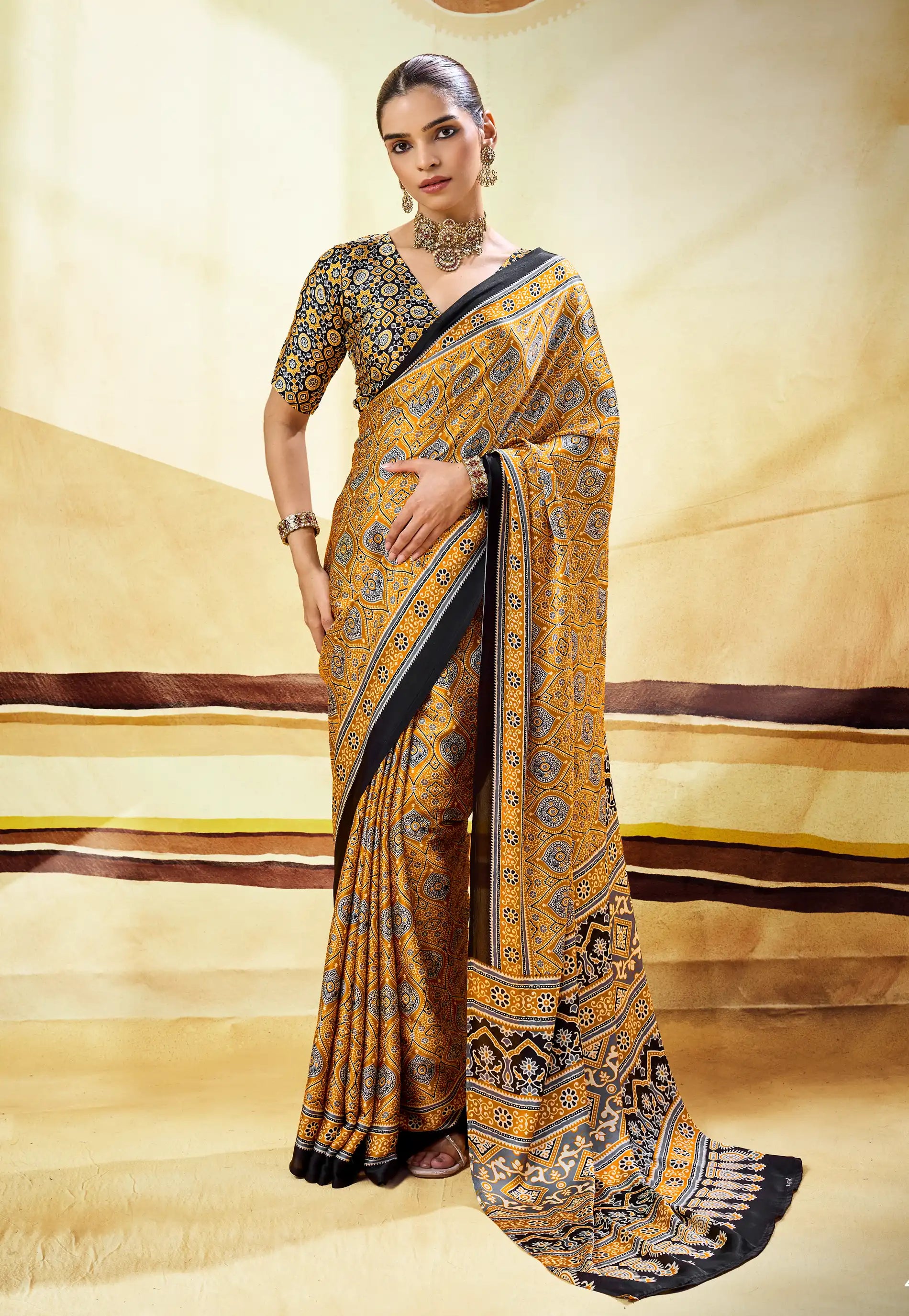 Mustard Yellow Ajrakh Print Modal Silk Saree With Blouse Piece - Adi Akshoy & Co.