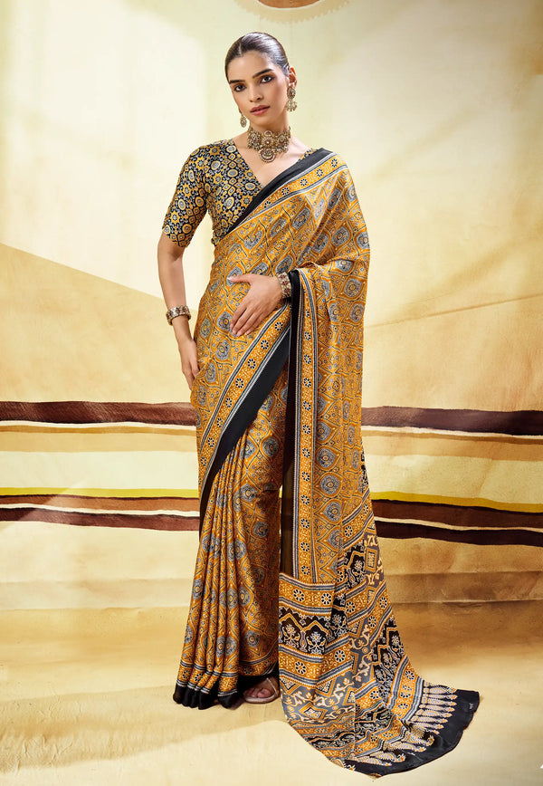 Mustard Yellow Ajrakh Print Modal Silk Saree With Blouse Piece - Adi Akshoy & Co.