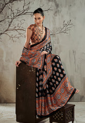 Black Ajrakh Print Modal Silk Saree With Blouse Piece