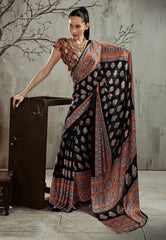 Black Ajrakh Print Modal Silk Saree With Blouse Piece